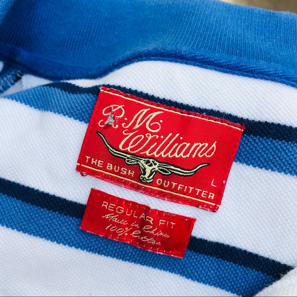 RM Williams Size Large Polo Shirt White Blue Stripe Casual 100% Cotton - Picture 7 of 8